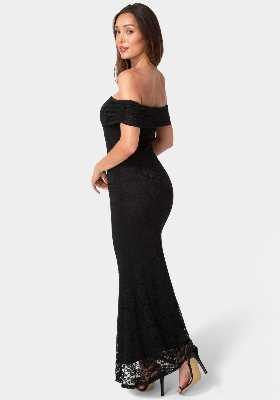 Back View-Lace Off Shoulder Maxi Dress-Black