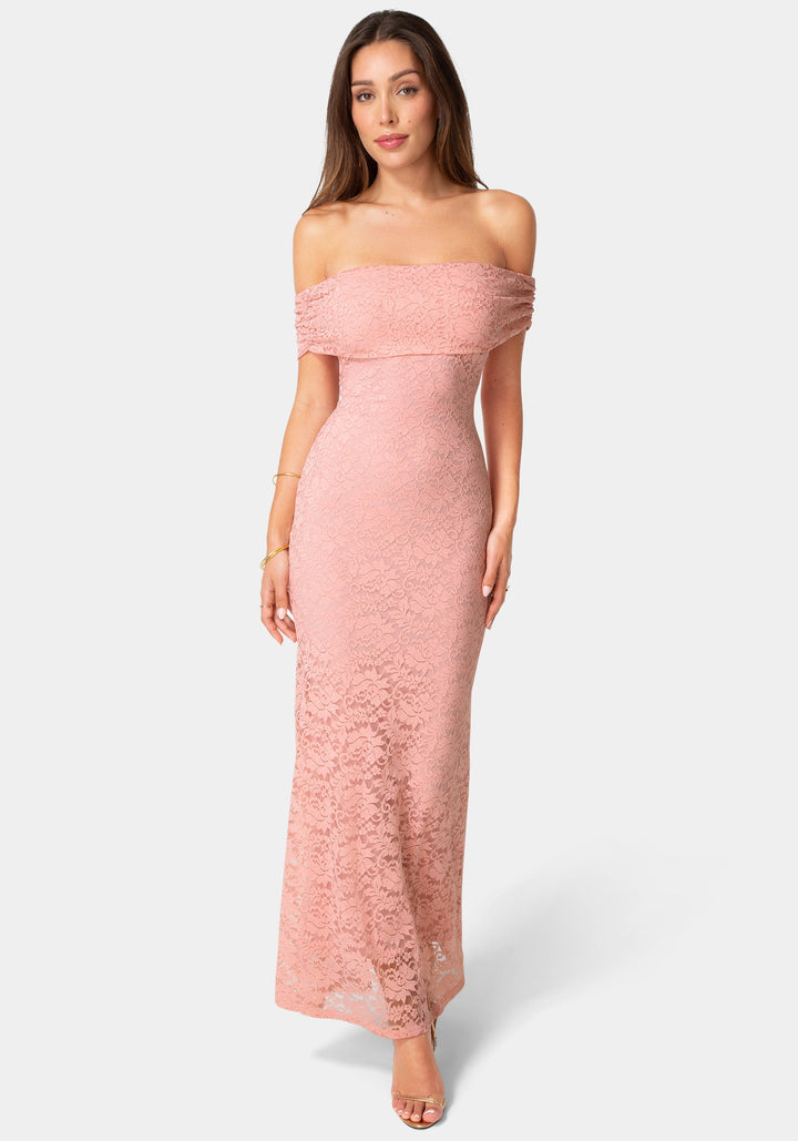 Front View-Lace Off Shoulder Maxi Dress-Rose