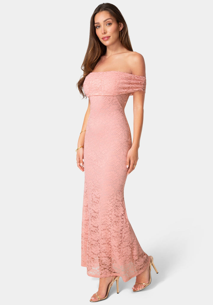 Side View-Lace Off Shoulder Maxi Dress-Rose