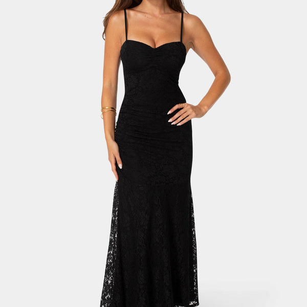 Front View-Lace Drop Waist Maxi Dress-Black