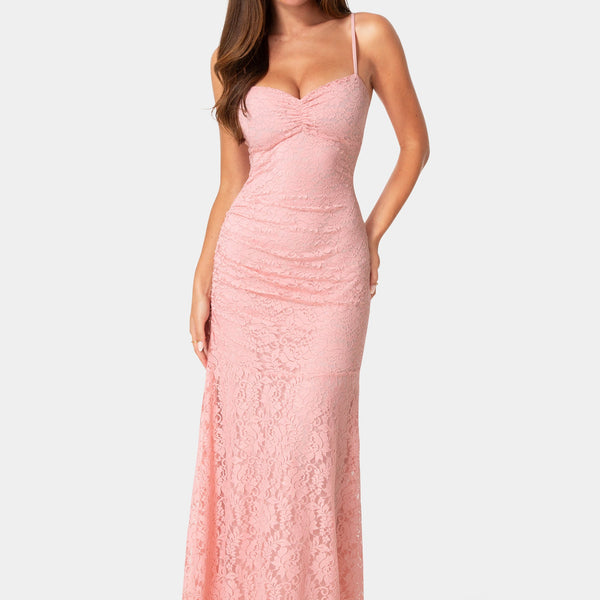 Front View-Lace Drop Waist Maxi Dress-Rose