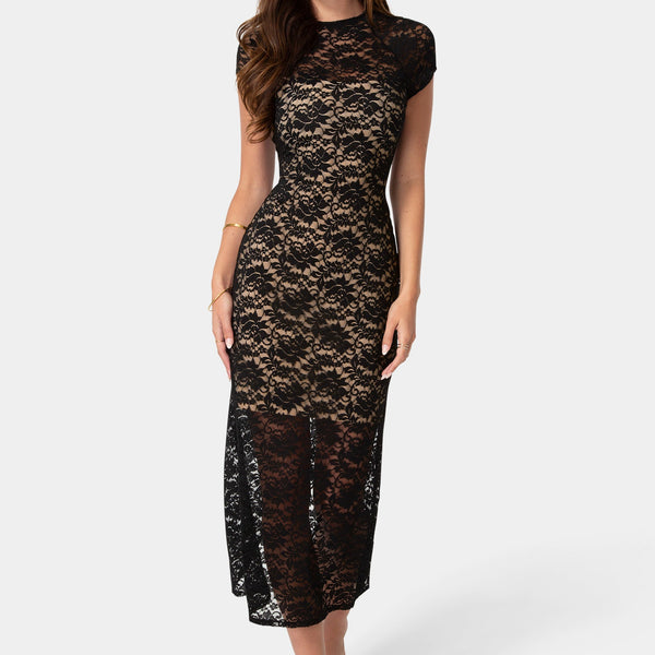 Front View-Lace Cap Sleeve Midi Dress-Black