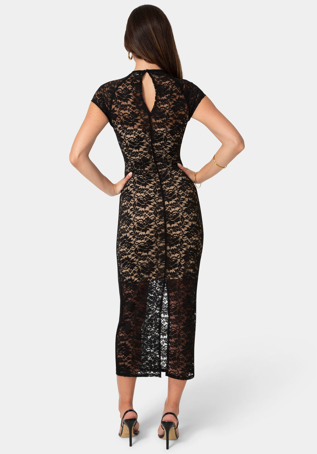 Back View-Lace Cap Sleeve Midi Dress-Black