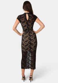 Back View-Lace Cap Sleeve Midi Dress-Black