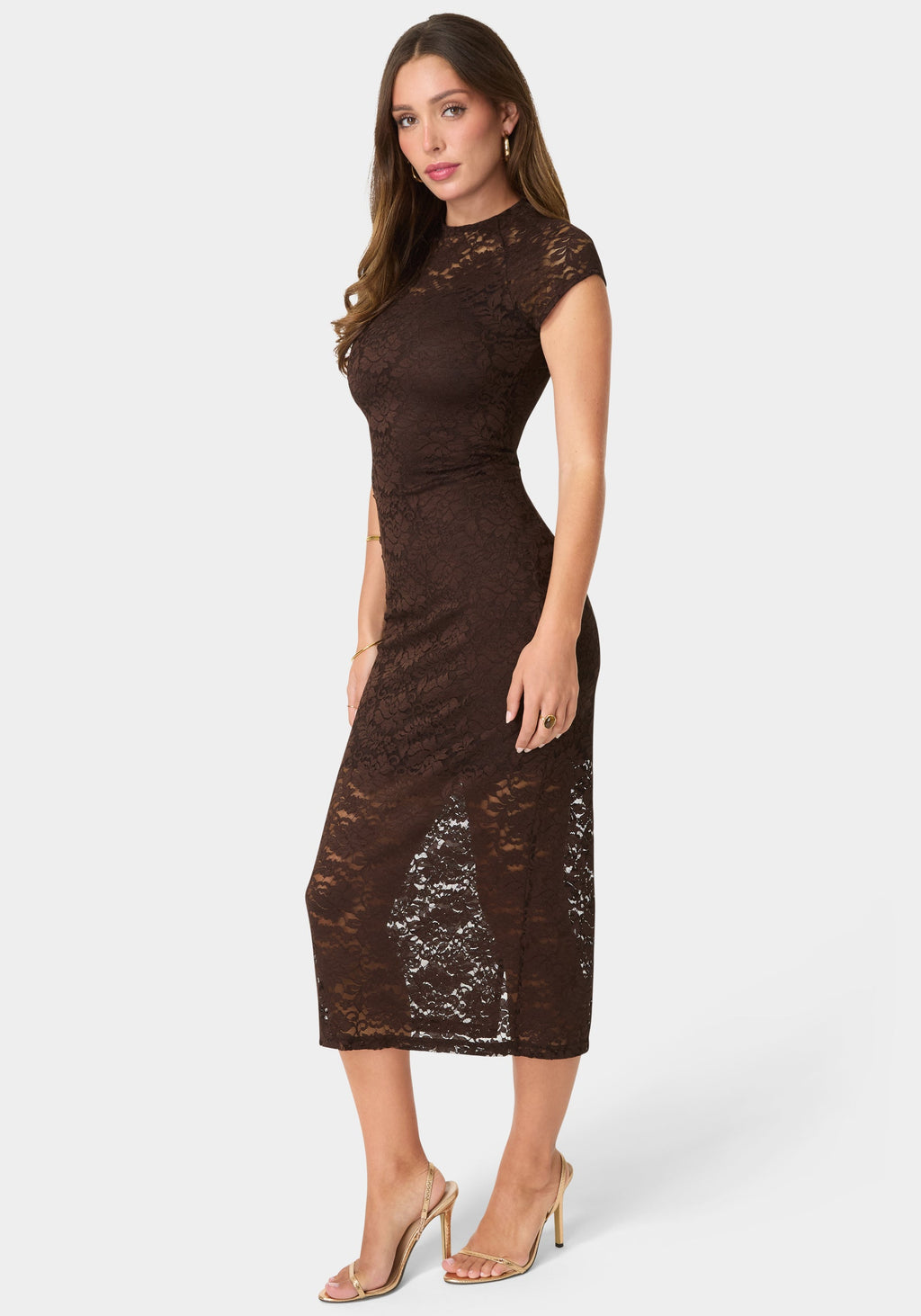 Side View-Lace Cap Sleeve Midi Dress-Chocolate