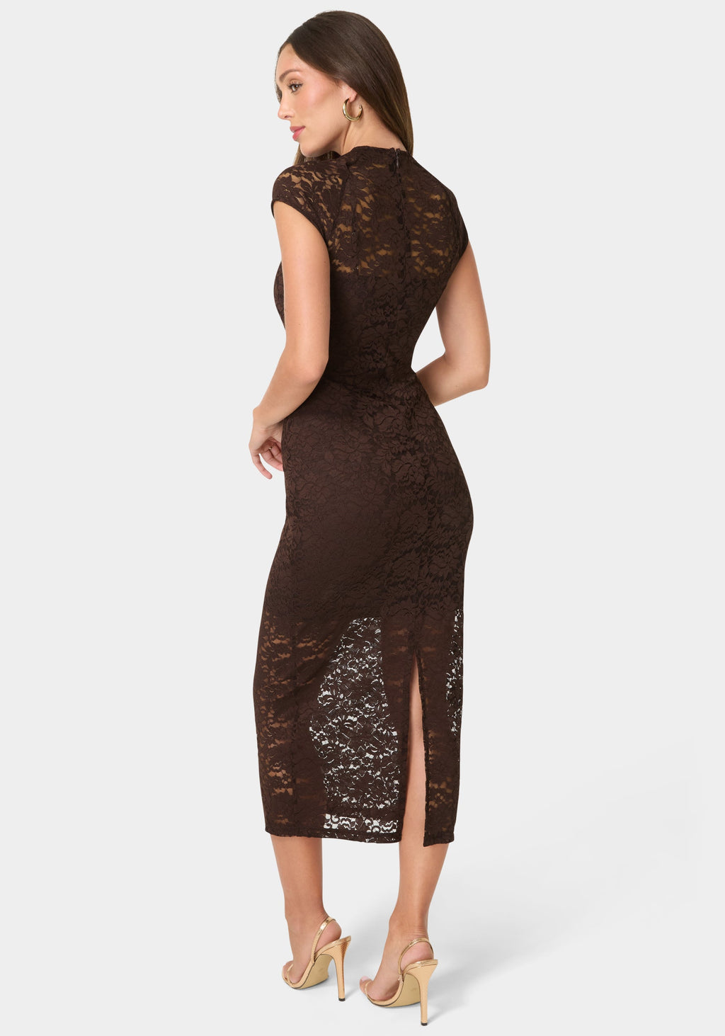 Back View-Lace Cap Sleeve Midi Dress-Chocolate