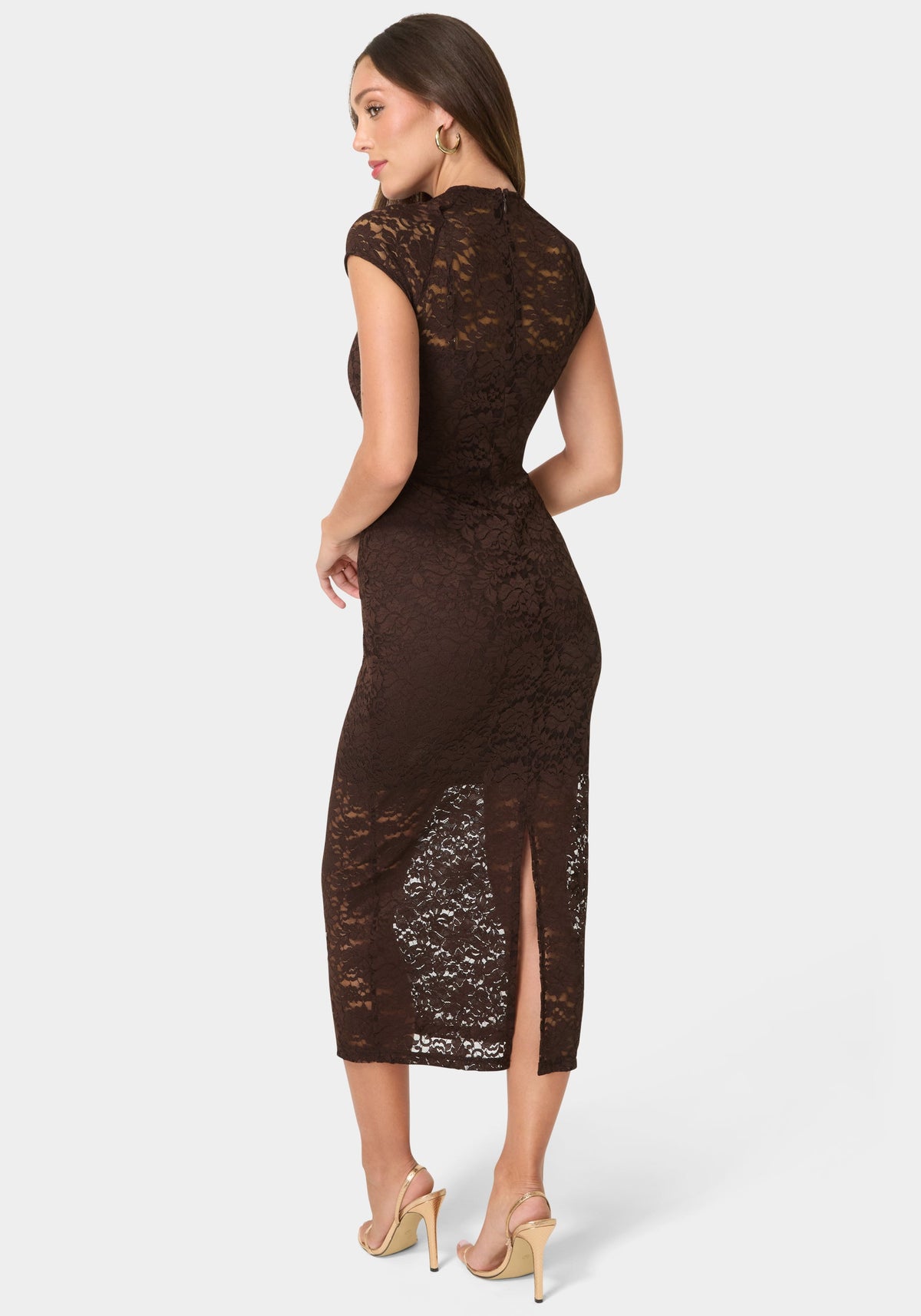 Back View-Lace Cap Sleeve Midi Dress-Chocolate