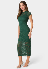 Side View-Lace Cap Sleeve Midi Dress-Hunter