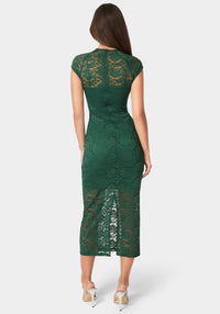Back View-Lace Cap Sleeve Midi Dress-Hunter