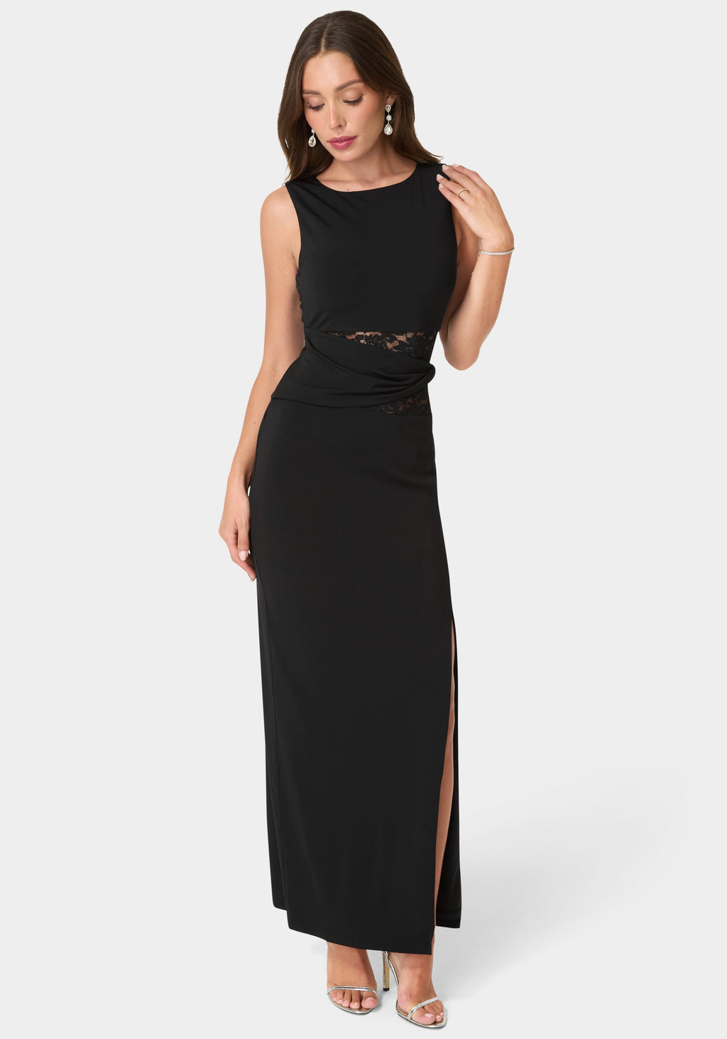 Front View-Lace Waist Sleeveless Maxi Dress-Black