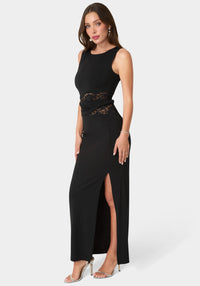 Side View-Lace Waist Sleeveless Maxi Dress-Black