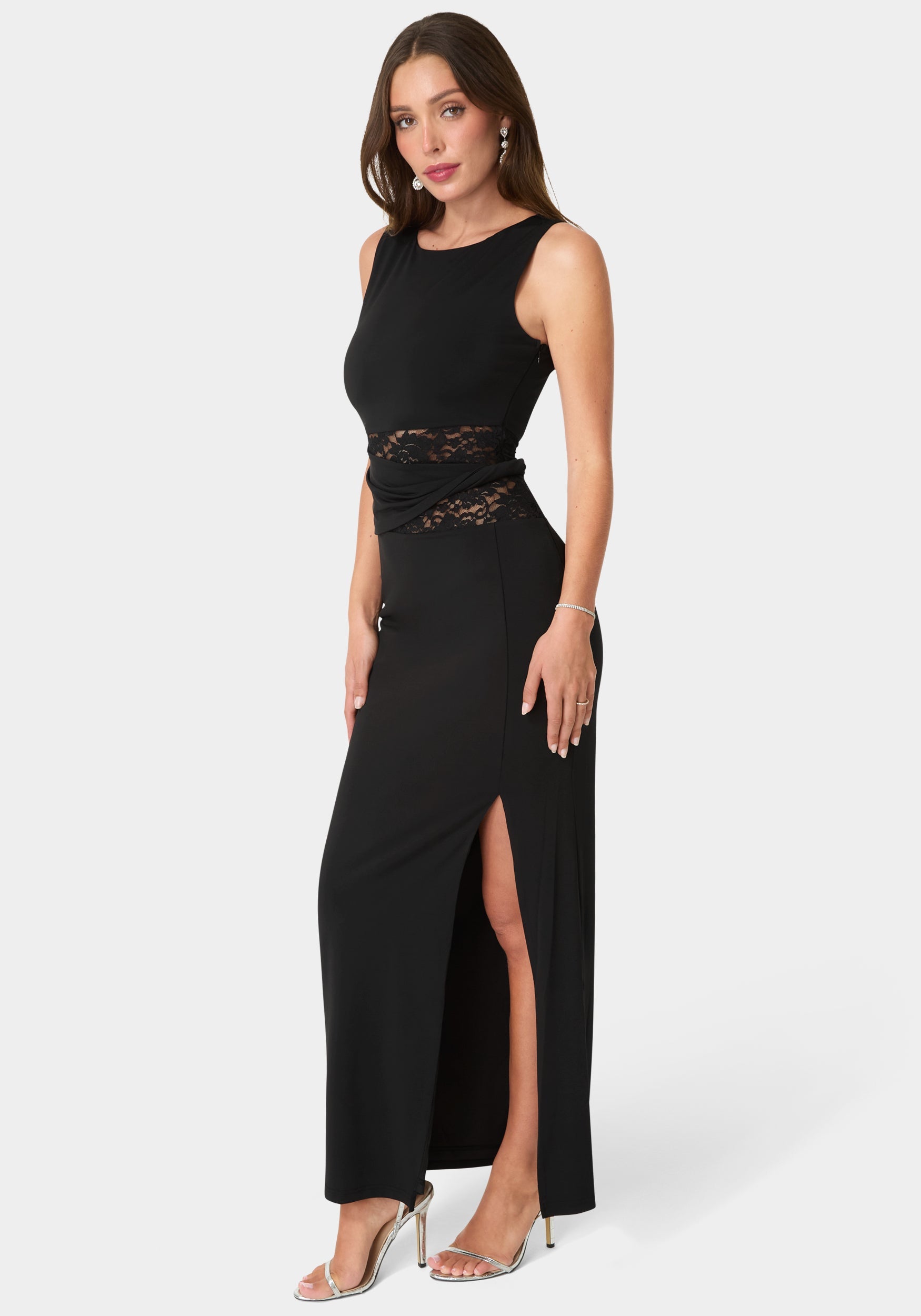 Side View-Lace Waist Sleeveless Maxi Dress-Black