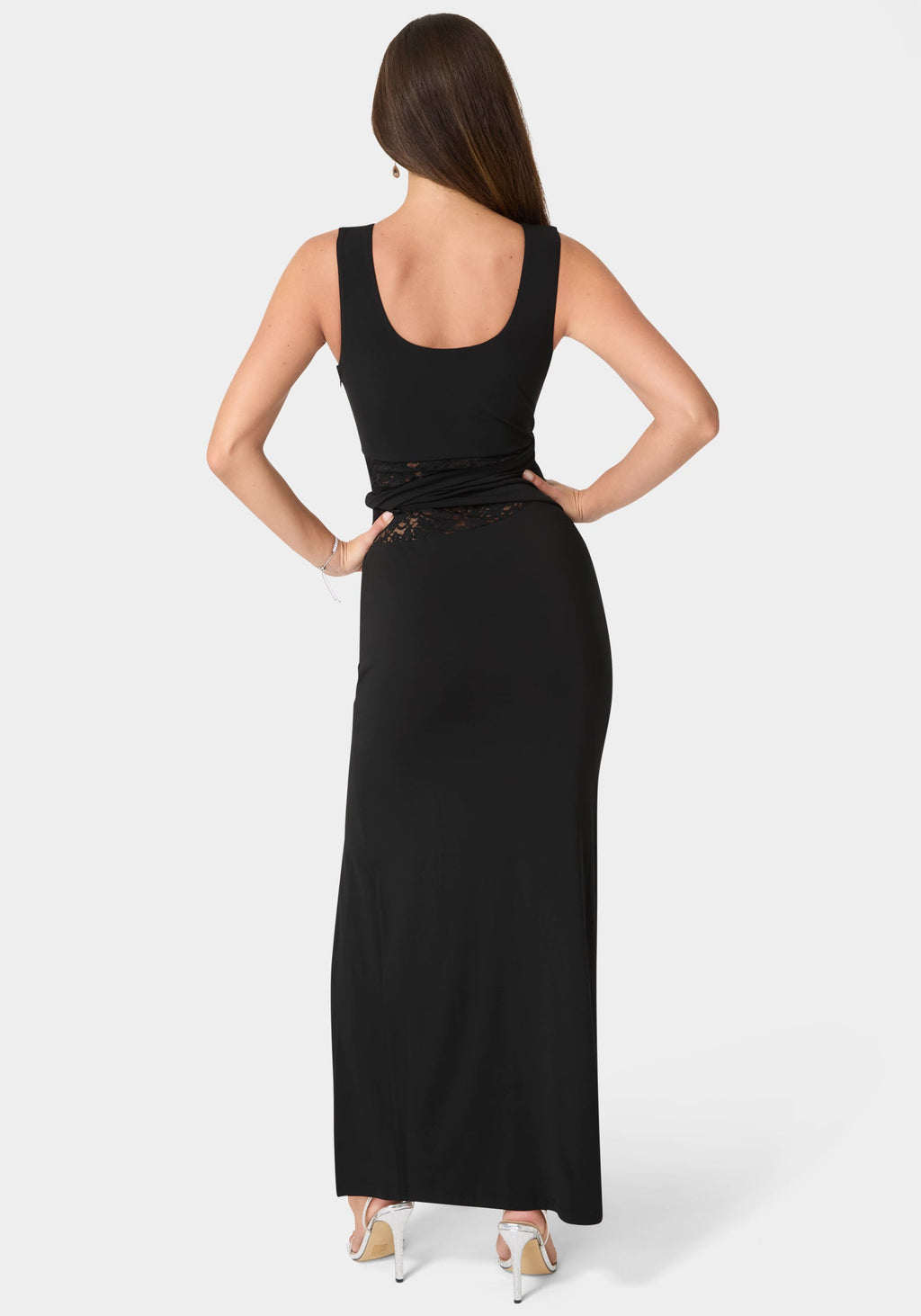 Back View-Lace Waist Sleeveless Maxi Dress-Black