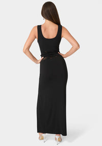 Back View-Lace Waist Sleeveless Maxi Dress-Black