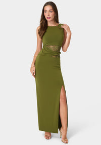 Front View-Lace Waist Sleeveless Maxi Dress-Olive