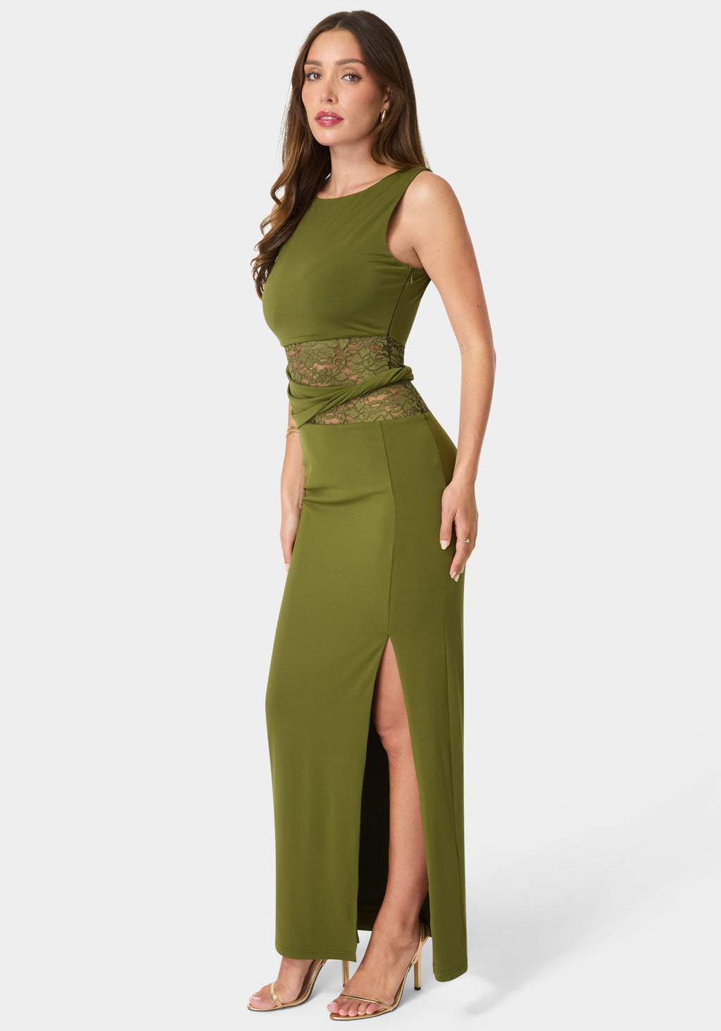 Side View-Lace Waist Sleeveless Maxi Dress-Olive