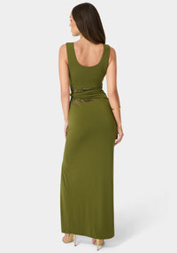 Back View-Lace Waist Sleeveless Maxi Dress-Olive