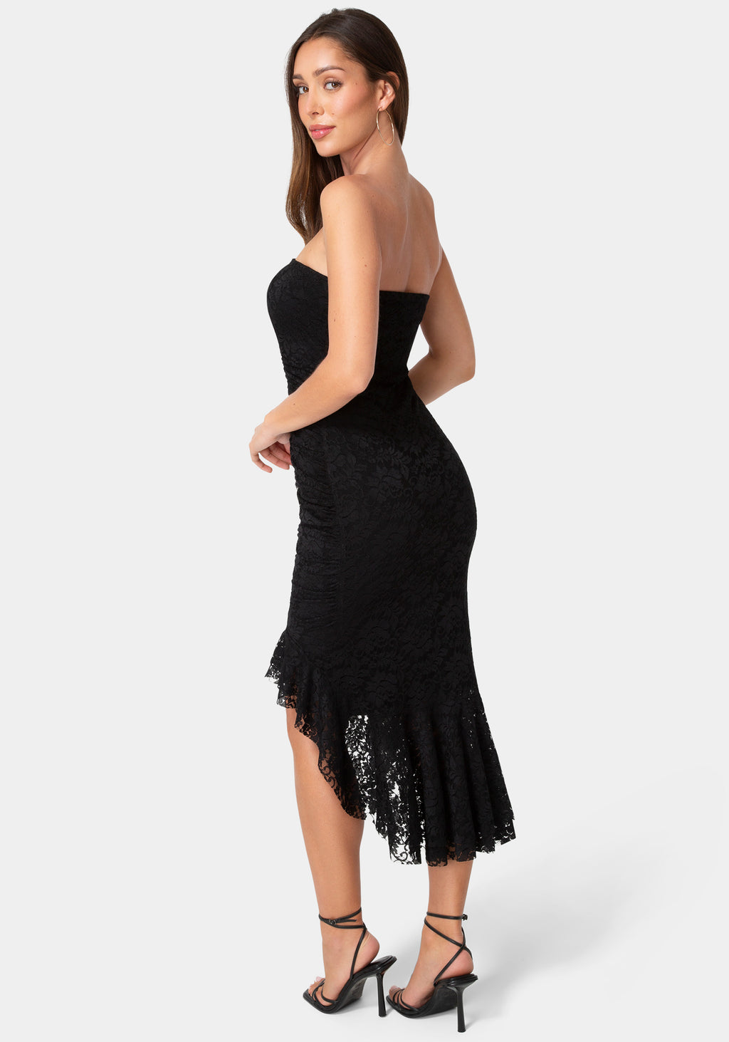 Back View-Lace Strapless Ruffle Slit Dress-Black