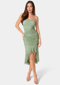 Front View-Lace Strapless Ruffle Slit Dress-Sage
