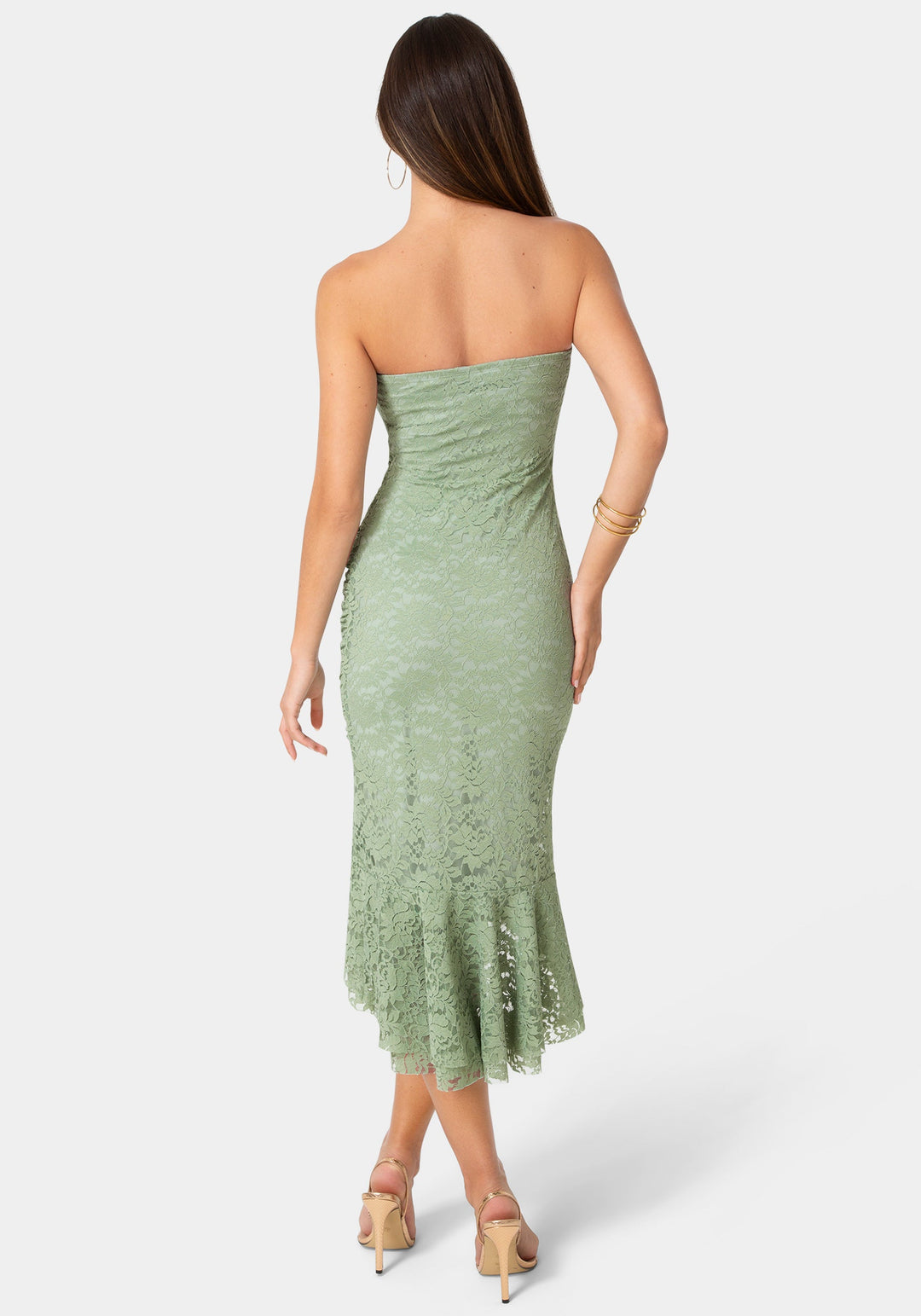 Back View-Lace Strapless Ruffle Slit Dress-Sage