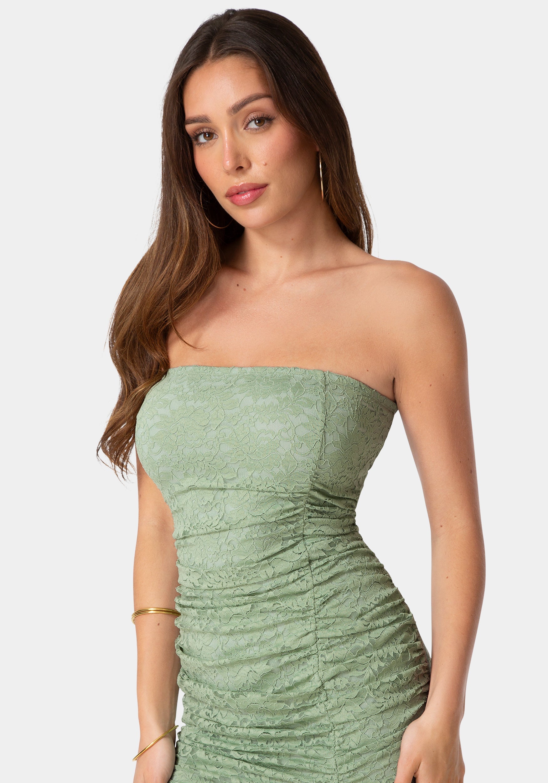 Other View-Lace Strapless Ruffle Slit Dress-Sage