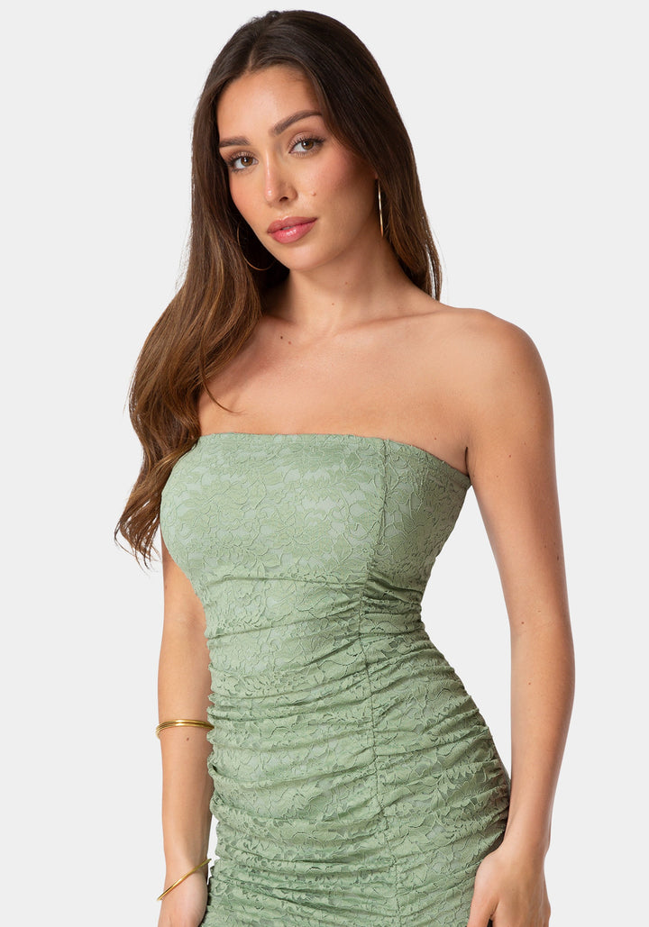 Other View-Lace Strapless Ruffle Slit Dress-Sage