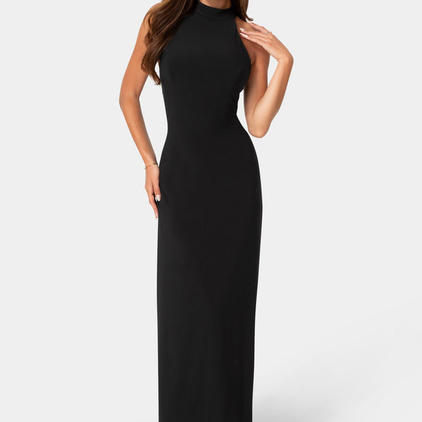 Front View-Jersey Halter Maxi Dress with Lace Inset-Black