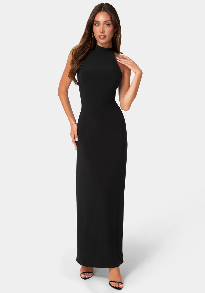 Front View-Jersey Halter Maxi Dress with Lace Inset-Black