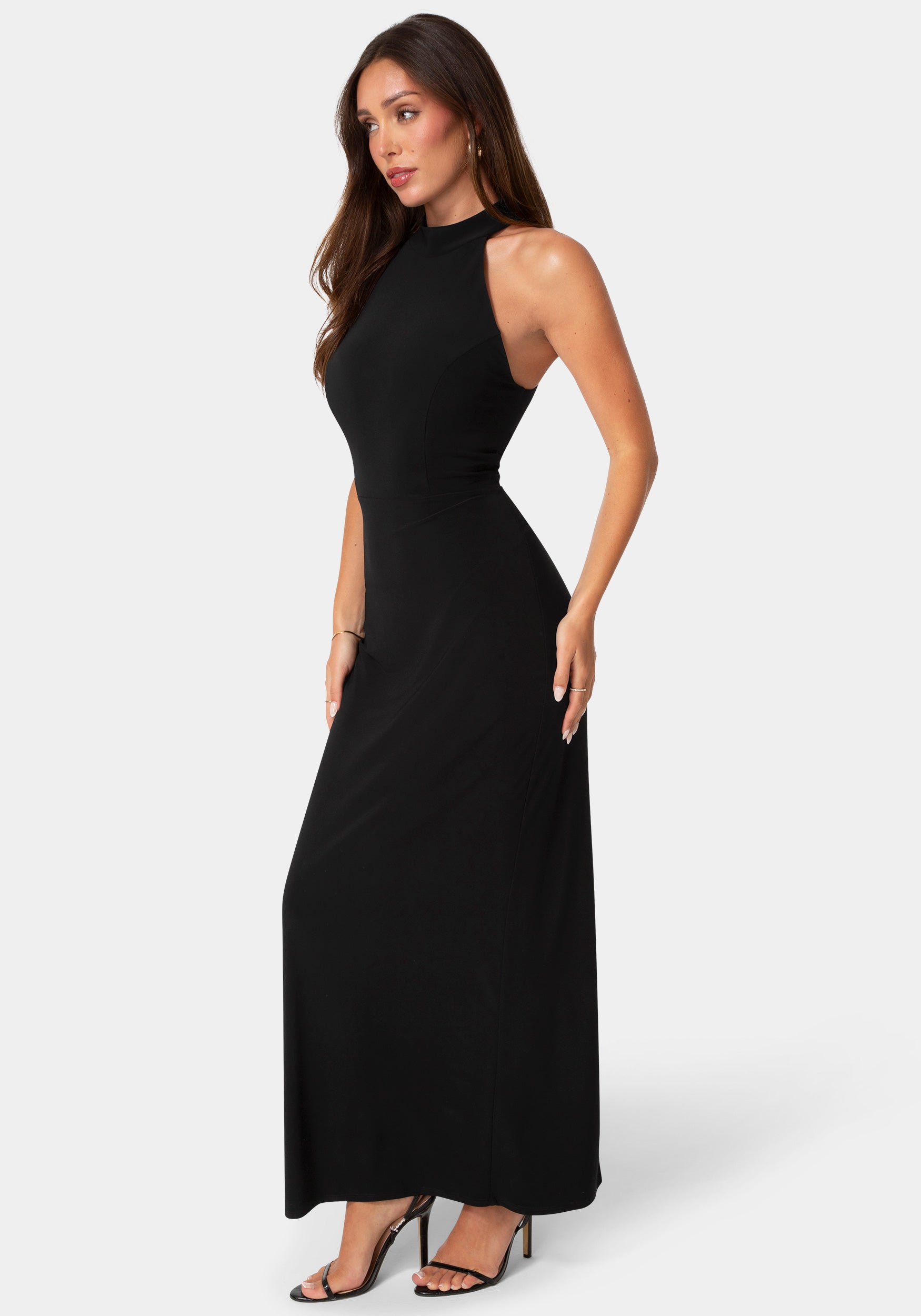 Side View-Jersey Halter Maxi Dress with Lace Inset-Black