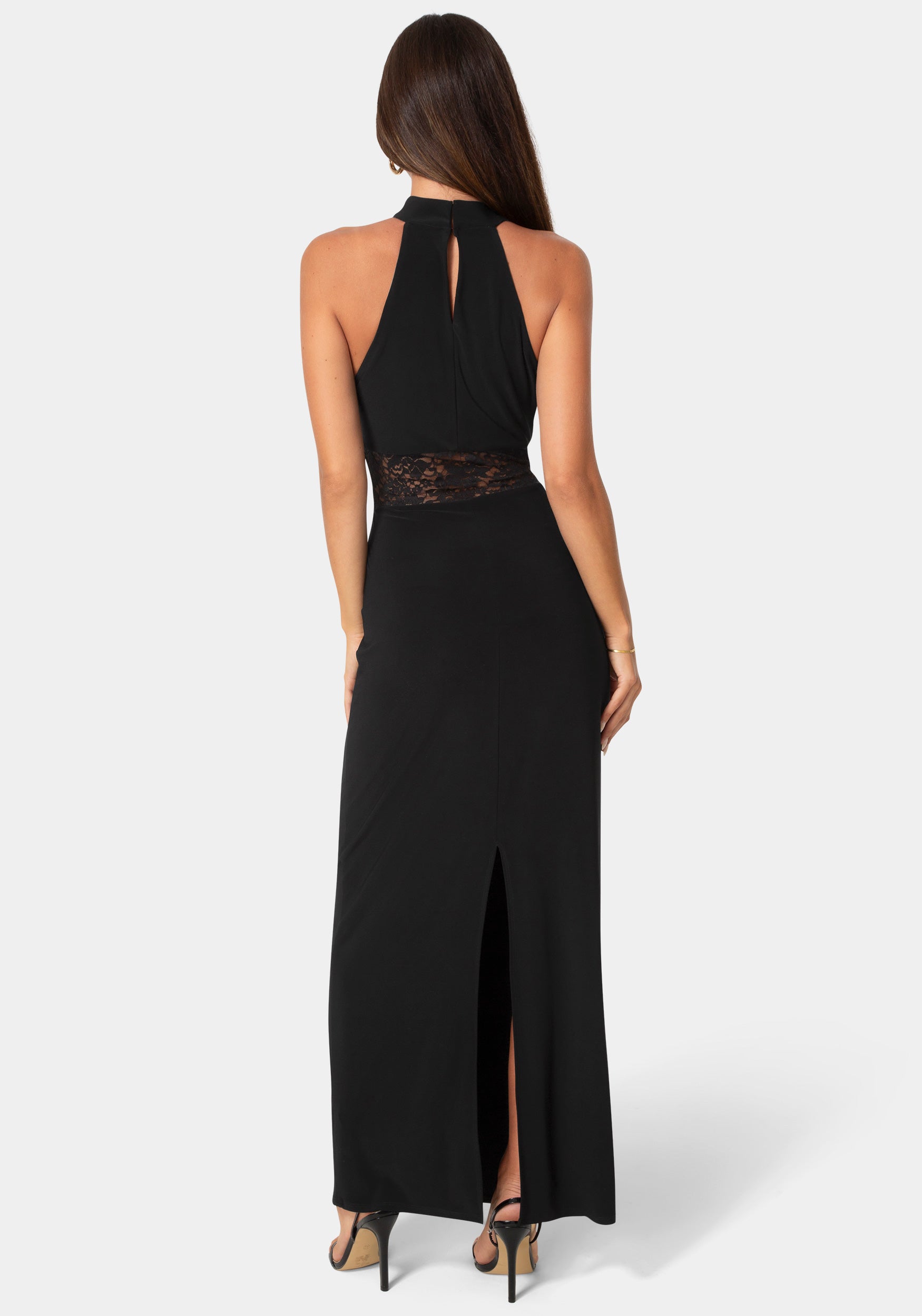 Back View-Jersey Halter Maxi Dress with Lace Inset-Black