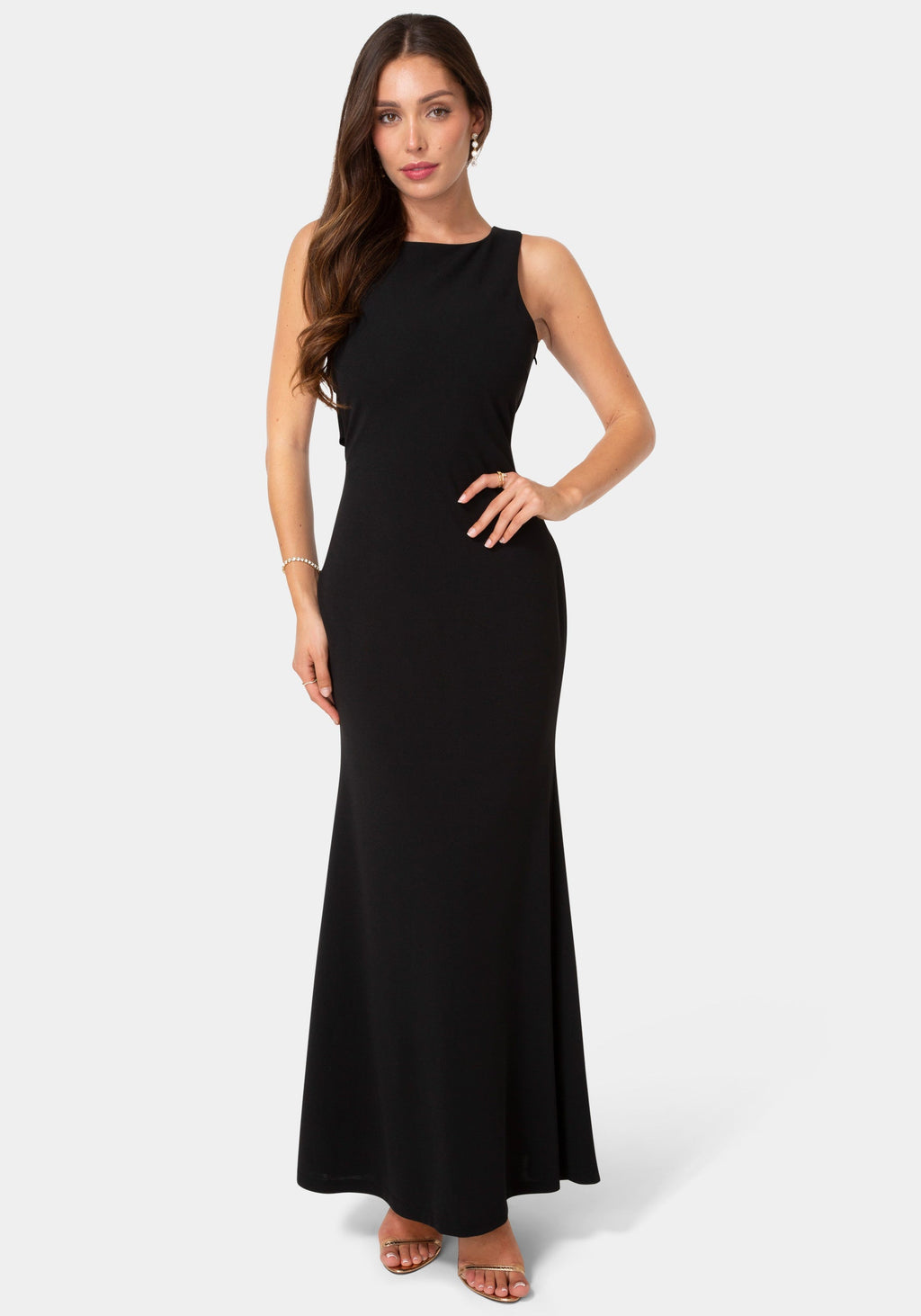 Front View-Twist Back Boatneck Gown-Black