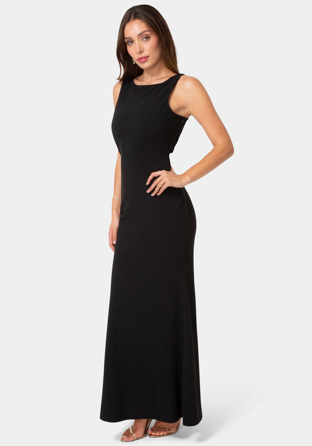 Side View-Twist Back Boatneck Gown-Black