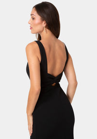 Detail View-Twist Back Boatneck Gown-Black