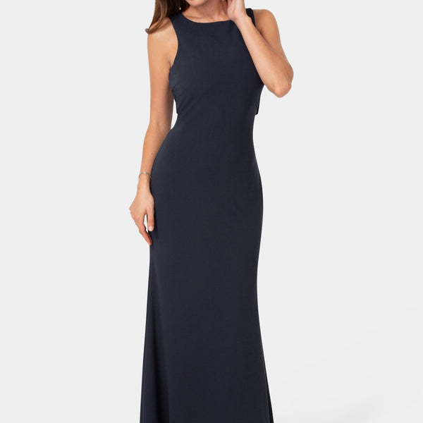Front View-Twist Back Boatneck Gown-Navy