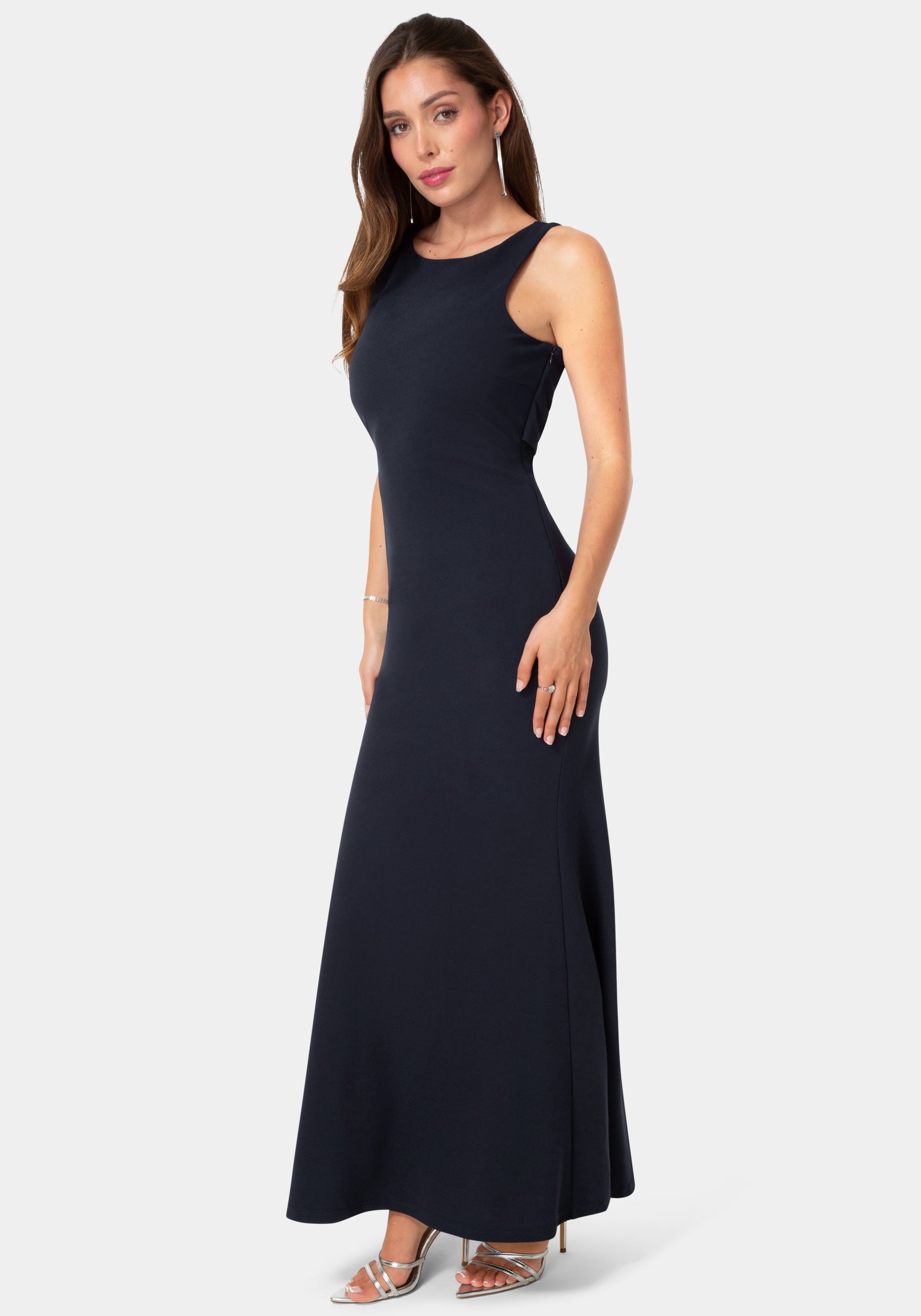 Side View-Twist Back Boatneck Gown-Navy