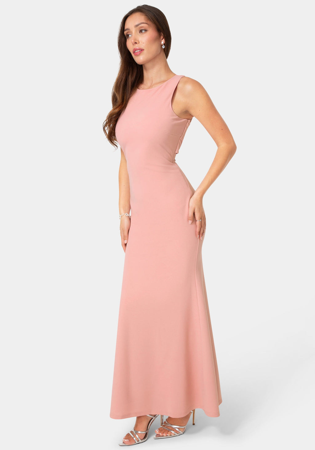 Side View-Twist Back Boatneck Gown-Rose