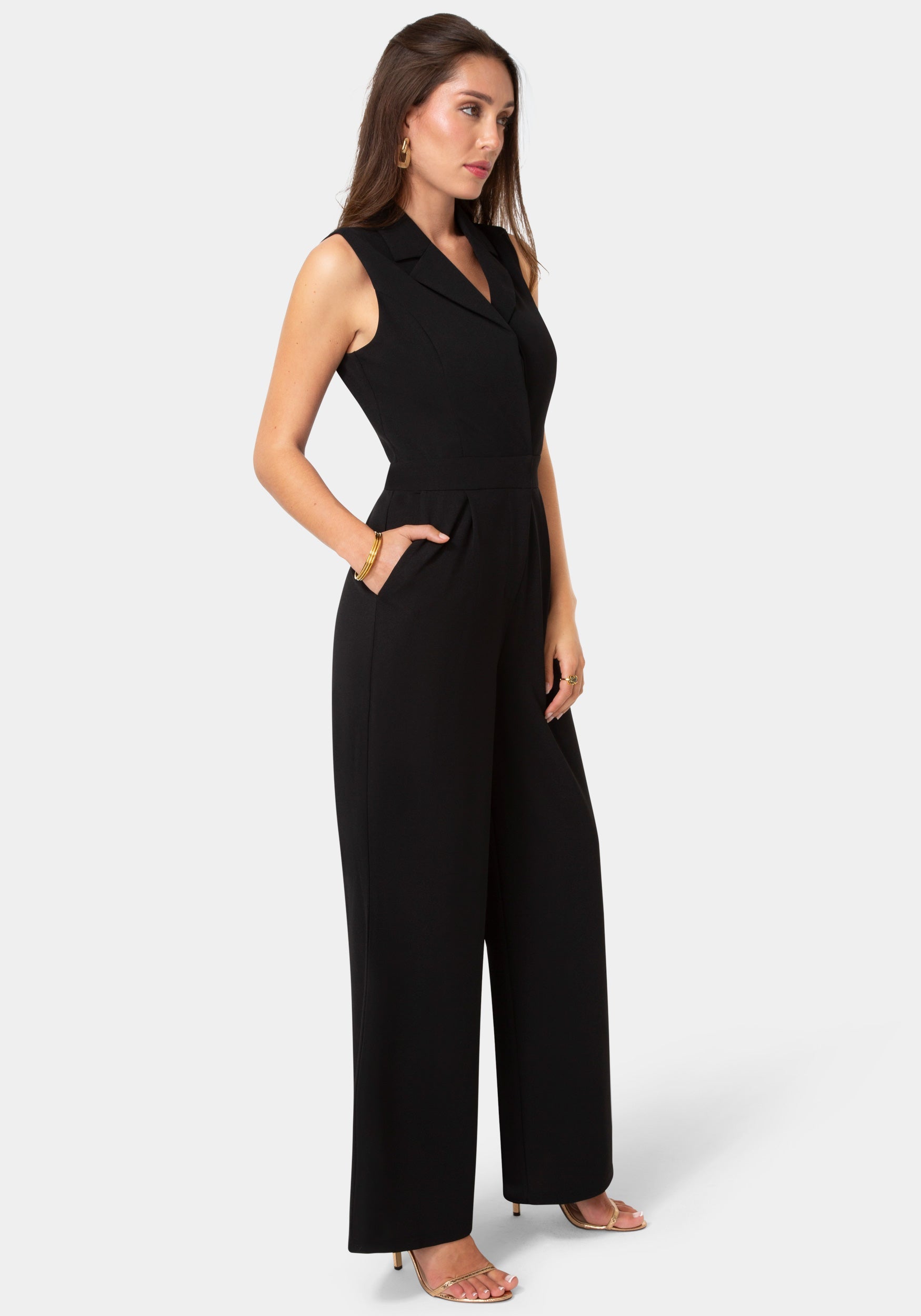 Side View-Tuxedo Sleeveless Jumpsuit-Black