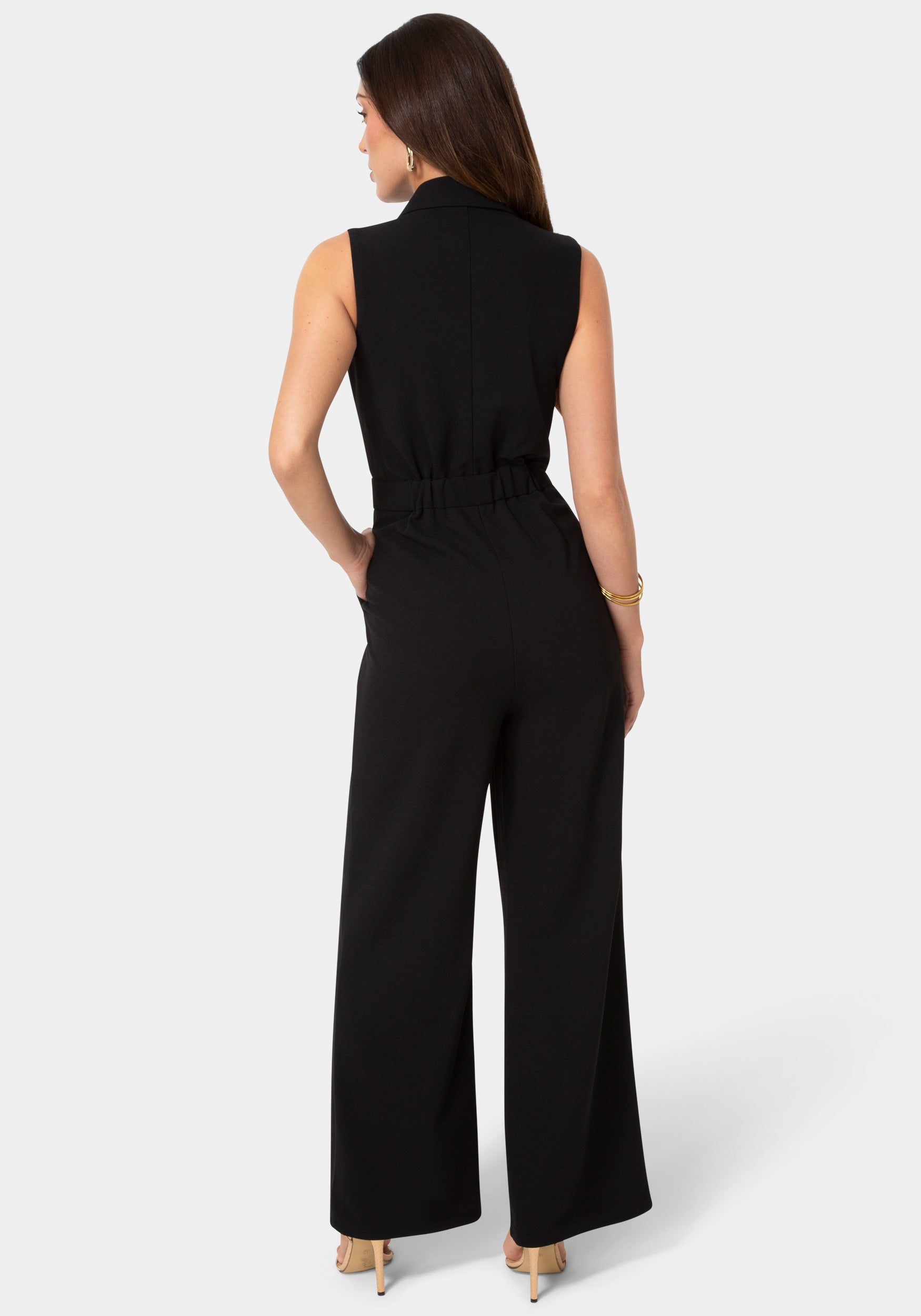 Back View-Tuxedo Sleeveless Jumpsuit-Black