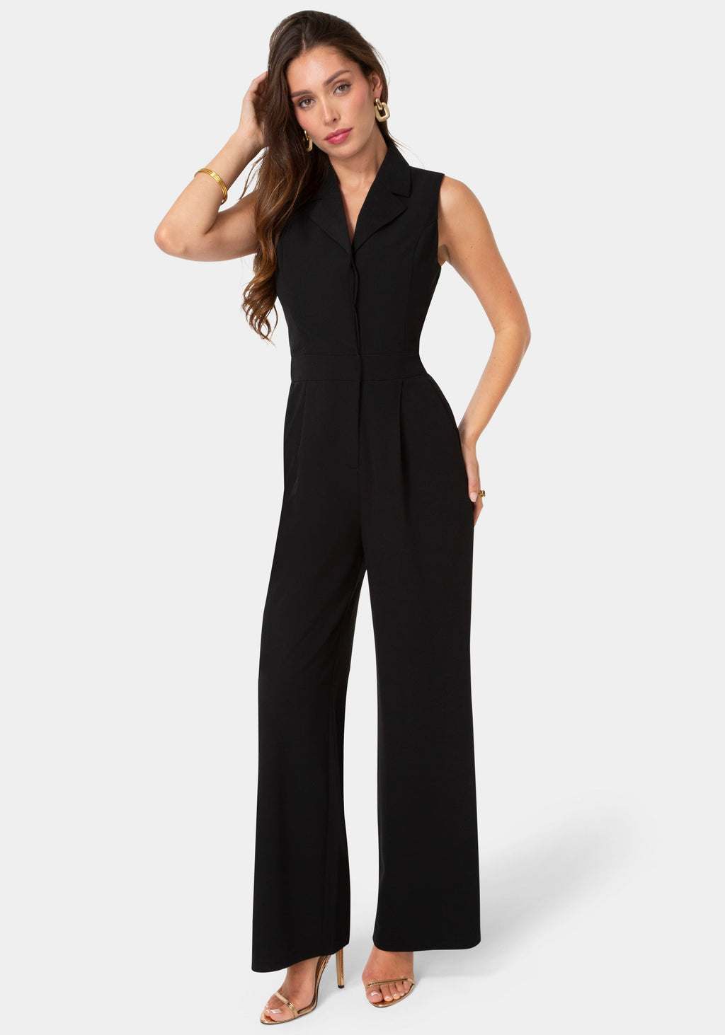 Front View-Tuxedo Sleeveless Jumpsuit-Black