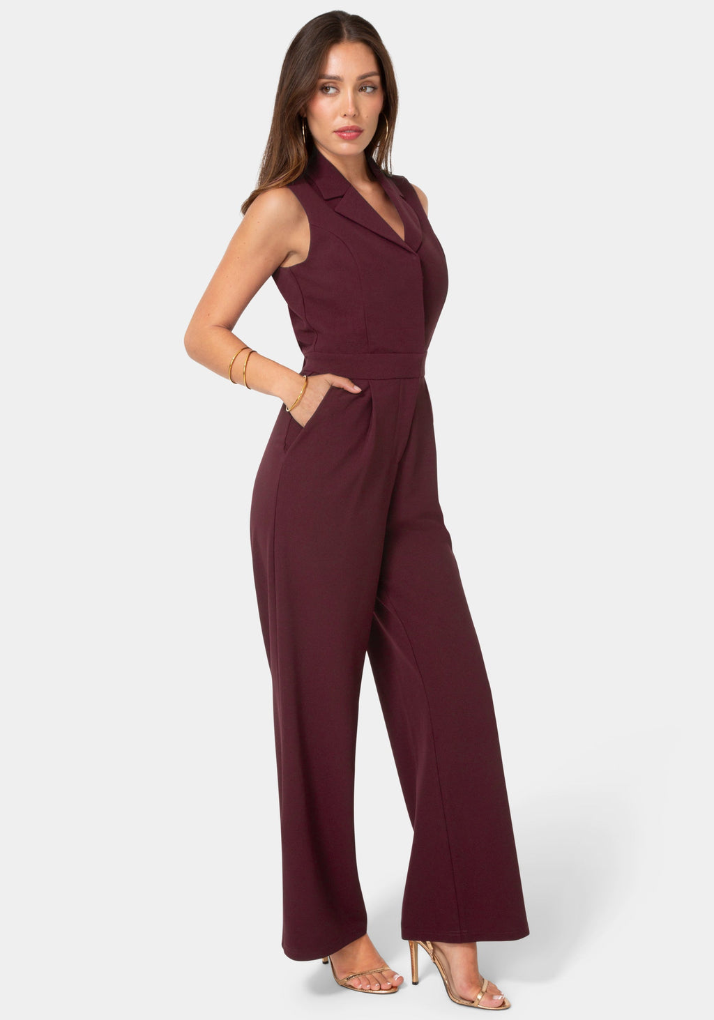 Side View-Tuxedo Sleeveless Jumpsuit-Plum