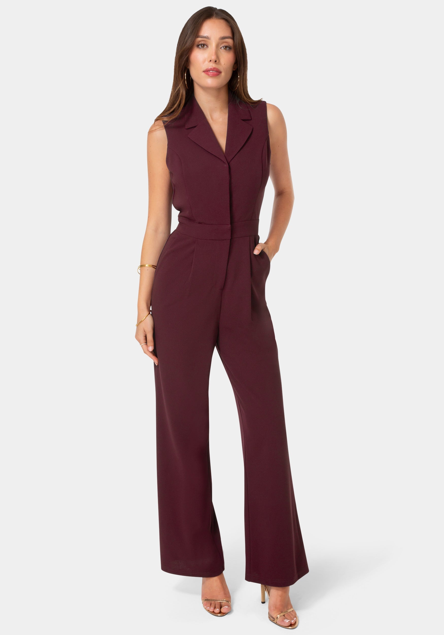 Detail View-Tuxedo Sleeveless Jumpsuit-Plum