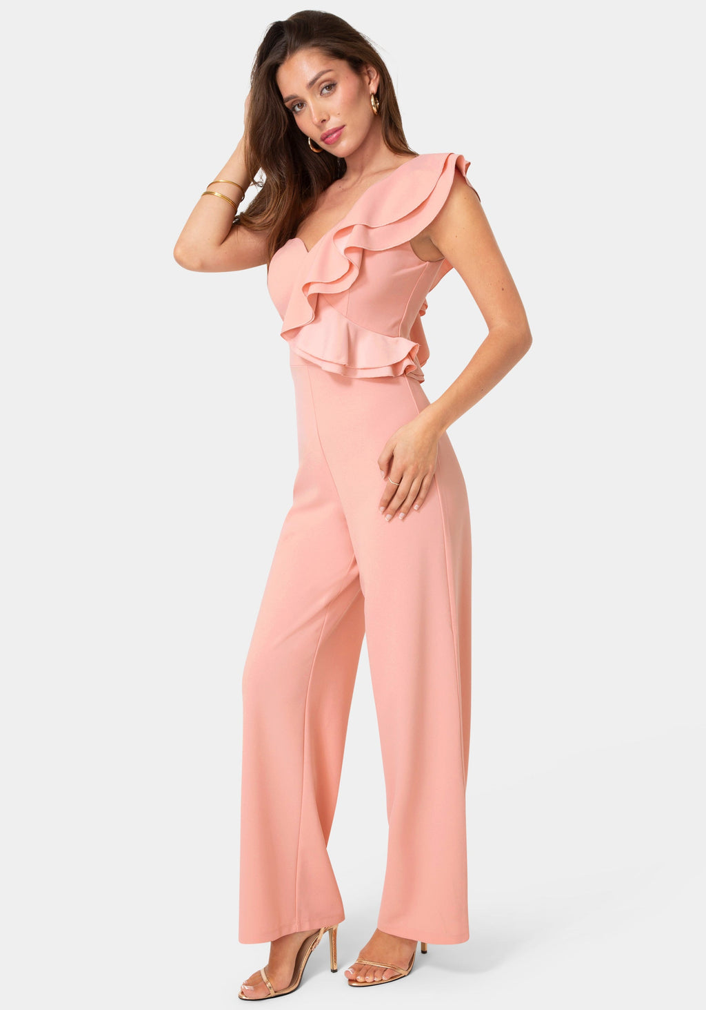 Side View-One Shoulder Ruffle Jumpsuit-Rose