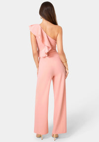 Back View-One Shoulder Ruffle Jumpsuit-Rose