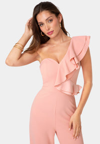 Front View-One Shoulder Ruffle Jumpsuit-Rose