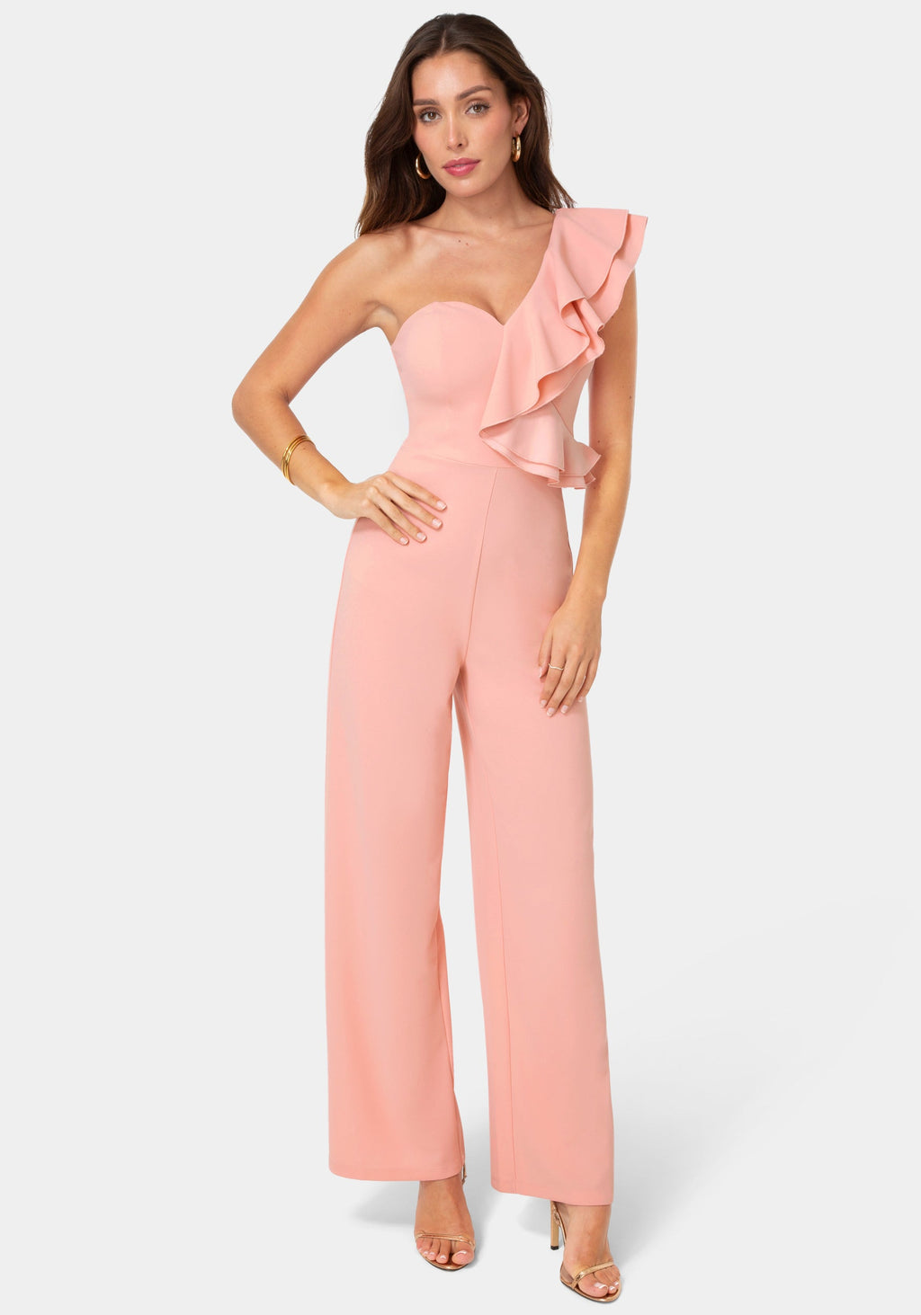 Detail View-One Shoulder Ruffle Jumpsuit-Rose