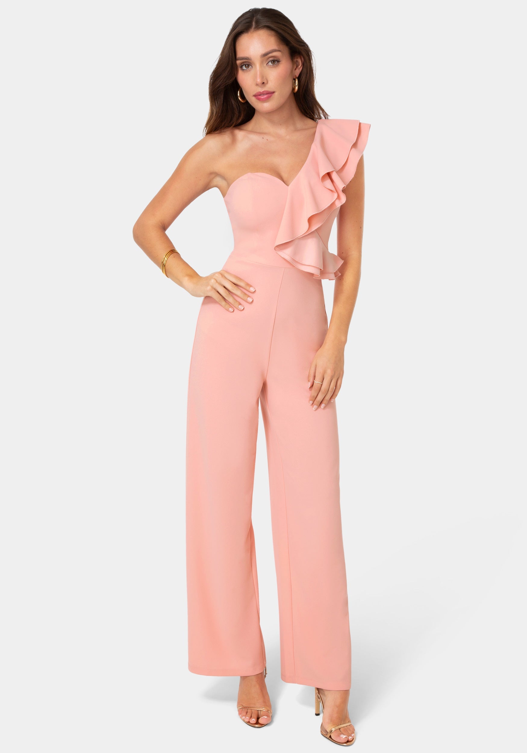 Detail View-One Shoulder Ruffle Jumpsuit-Rose
