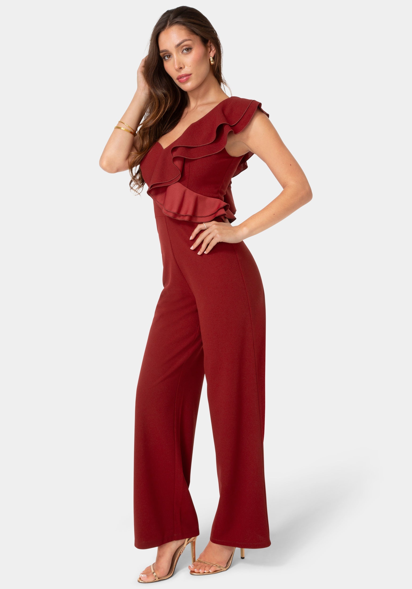 Side View-One Shoulder Ruffle Jumpsuit-Wine