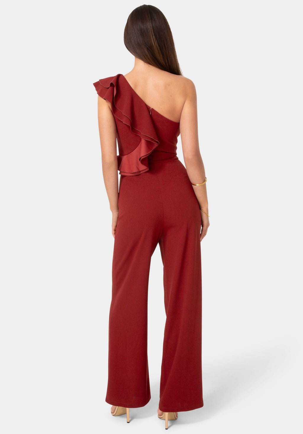 Back View-One Shoulder Ruffle Jumpsuit-Wine