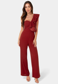 Detail View-One Shoulder Ruffle Jumpsuit-Wine