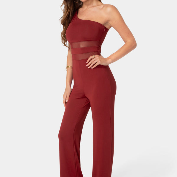 Side View-One Shoulder Jumpsuit with Mesh Waist-Wine